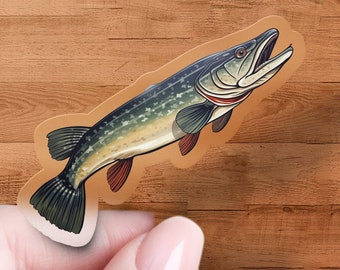 Northern Pike Sticker, Animal Decal, Laptop, Car Window Decal, Water Bottle, Premium Quality, Waterproof with Multiple Sizes & Styles