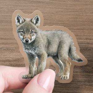 Grey Wolf Cub Sticker, Cute Animal Decal, Laptop, Car, Water Bottle, Premium Quality Sticker, Waterproof with Multiple Sizes & Styles