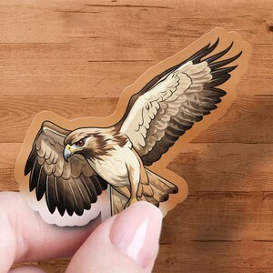 May include: A brown and white hawk sticker with a detailed illustration of the bird in flight. The sticker is on a wood background.