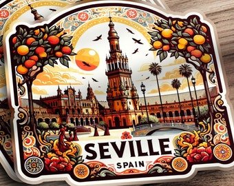 Vintage Seville Spain Travel Sticker, Spanish Architecture Laptop Decal, Aesthetic Retro Art Sticker, High Quality Water Bottle Sticker