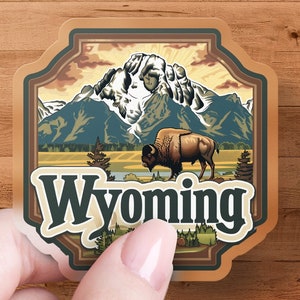 Rustic Wyoming Bison Sticker, Outdoor Wilderness Laptop Decal, Aesthetic Travel Luggage Label Look, Premium Quality Water Bottle Sticker