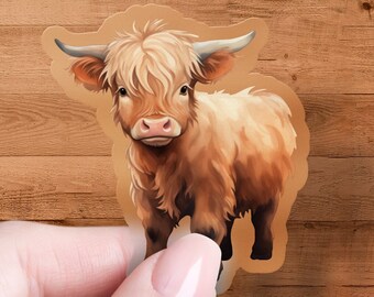 Little Highland Cow Sticker, Animal Decal, Laptop, Car Window Decal, Water Bottle, Premium Quality Sticker, Multiple Sizes & Styles