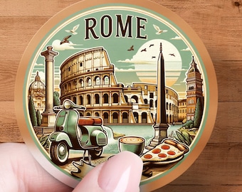 Vintage Rome Italy Travel Sticker, Retro Italian Scooter Decal, Colosseum and Pizza Laptop Sticker, Premium Waterproof Sticker,Luggage Decal