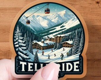 Vintage Telluride Colorado Ski Resort Winter Landscape Vinyl Sticker, Mountain Scenery Decal, Skiing Souvenir, Laptop and Water Bottle Decor