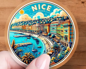 Vintage Nice France Travel Sticker, Art Deco Coastal Cityscape, Waterproof Vinyl