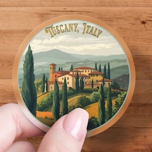 Tuscany Italy Vintage Style Travel Sticker, Round Tuscan Landscape Decal, Italian Countryside Vinyl Sticker, Water Bottle Travel Decal