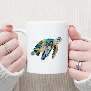 Watercolor Sea Turtle Mug, Ocean Lover Coffee Cup, Marine Life Drinkware, 11oz 15oz Sizes, Unique Turtle Gift, Beach House Kitchen Decor