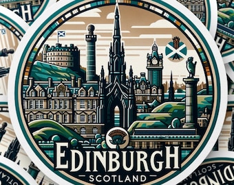 Edinburgh Scotland Cityscape Circle Sticker, Vintage Travel Decal Style, Laptop and Water Bottle Decoration, Artistic Urban Design