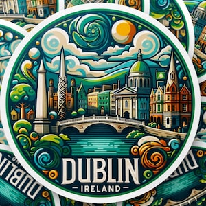 Vibrant Dublin Cityscape Round Sticker, Irish Art Decor, Lively Ireland Street Illustration, Travel Enthusiast Laptop Decal, Premium Decal