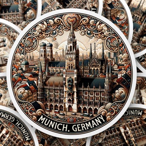 Munich Germany Cityscape Round Sticker, Vintage-Inspired Travel Decal, Decorative Laptop Sticker, Waterproof Luggage Label