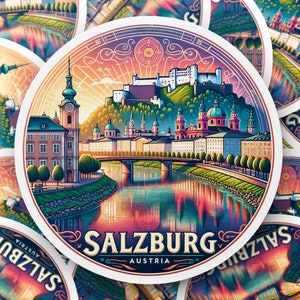 Vibrant Salzburg Austria Illustration Sticker, Travel Decal, Laptop Decoration, Waterproof Circle Cityscape Art, Gift for Travelers