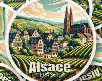 Vintage Alsace France Travel Sticker, Round Scenic Vineyard Cathedral Design, Laptop Decal, Luggage Label, Retro Gift Idea, Premium Quality