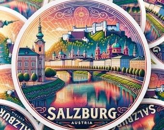 Vibrant Salzburg Austria Illustration Sticker, Travel Decal, Laptop Decoration, Waterproof Circle Cityscape Art, Gift for Travelers