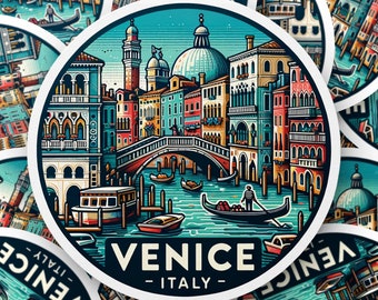 May include: A colorful illustration of Venice, Italy, with a gondola on a canal, buildings, and a bridge. The text "VENICE - ITALY -" is printed on the sticker.