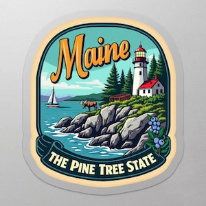 Maine Lighthouse Adventure Sticker, Pine Tree State Vinyl Sticker, Retro Travel Decal, Scenic Maine Bumper Sticker, Premium Quality Decal