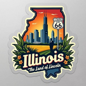 Illinois Route 66 Stickers, The Land of Lincoln Decal, Illinois State Souvenir, Retro Travel Sticker, Chicago Skyline Sticker