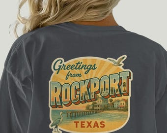Rockport Texas T-Shirt, Greetings from Rockport TX Tee, Retro Coastal Town Souvenir, Gulf Coast Beach Gift, Vintage Travel, Long Sleeve