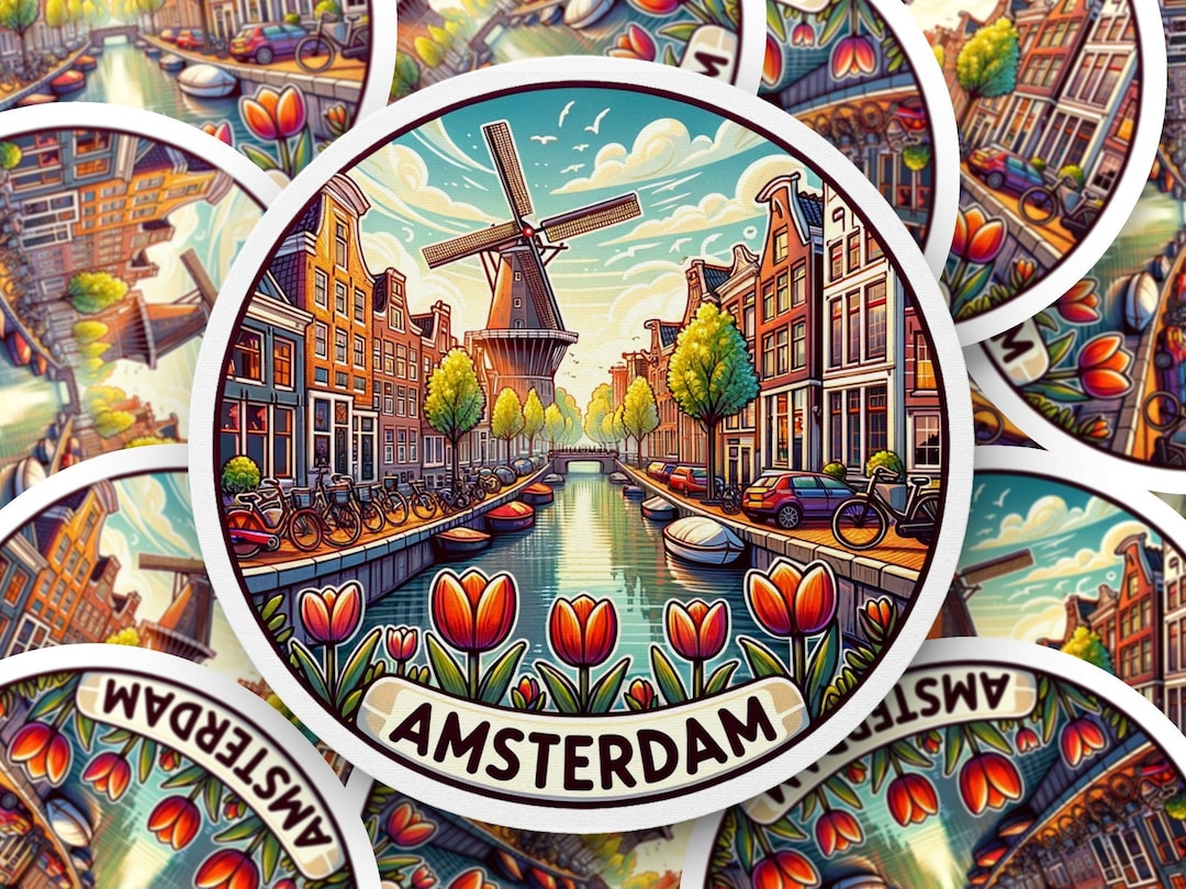Amsterdam Windmill Sticker, Dutch Canal Tulip Scene, Travel Decal ...
