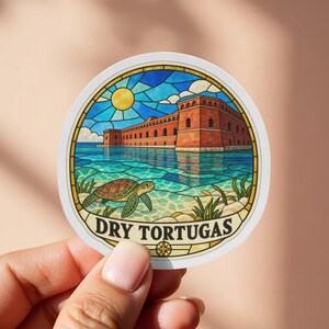 Dry Tortugas Stained Glass Sticker, Florida Keys Brick Fort and Sea Turtle Decal, Turquoise Ocean Water Bottle Sticker, Snorkeler Gift