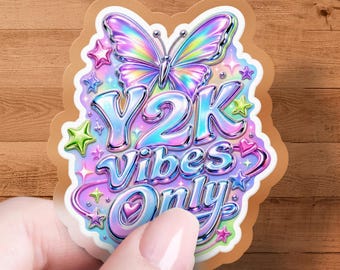 Y2K Vibes Only Sticker | Holographic Chrome Butterfly Decal for Laptop Water Bottle Phone Case | Cute Aesthetic Sticker