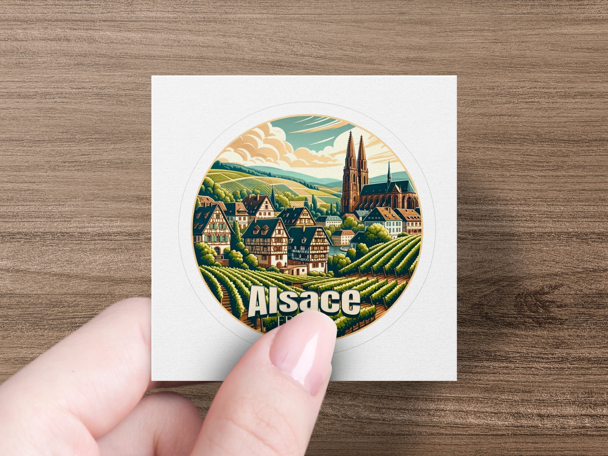 Vintage Alsace France Travel Sticker, Round Scenic Vineyard Cathedral ...