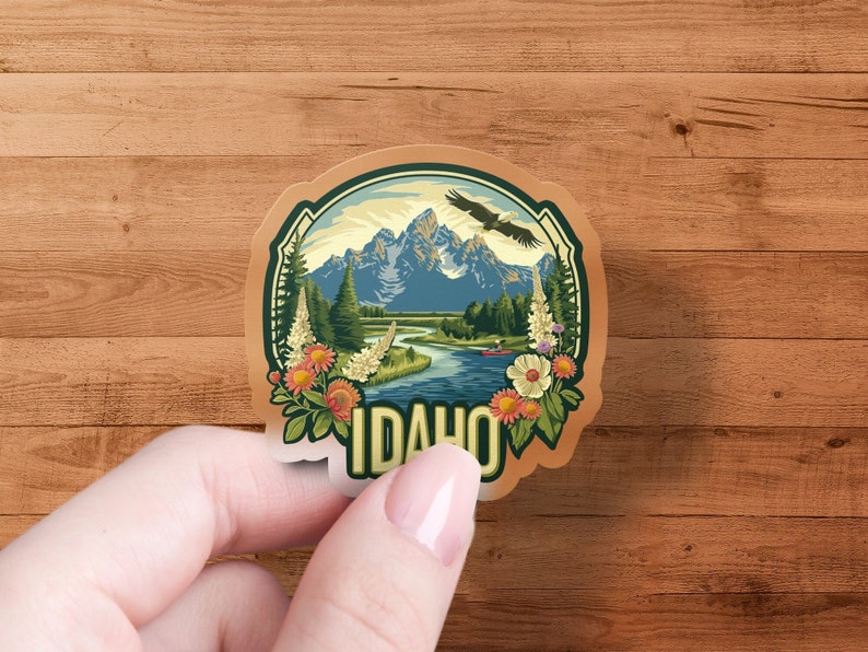 Idaho Wilderness Adventure Vinyl Sticker, Mountain Lake Scenery Decal, Eagle Nature Travel Sticker, Outdoor Laptop Decoration image 1