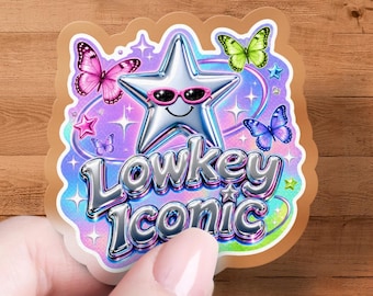 Lowkey Iconic Sticker | Y2K Holographic Chrome Star Sunglasses Decal for Laptop Water Bottle | Cute Aesthetic