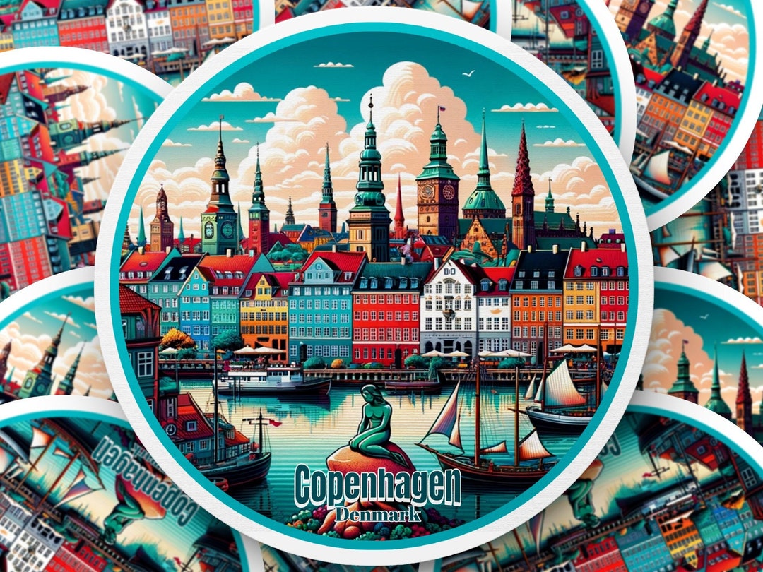 Copenhagen Denmark Travel Circle Sticker, Colorful Cityscape ...
