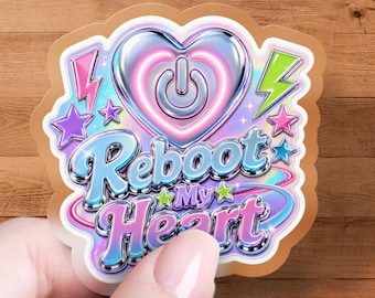 Reboot My Heart Y2K Sticker | Holographic Chrome Heart Lightning Decal for Phone Case Laptop | Cute Cyber Aesthetic