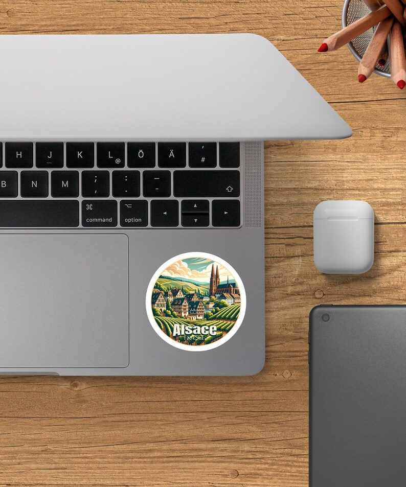 Vintage Alsace France Travel Sticker, Round Scenic Vineyard Cathedral ...
