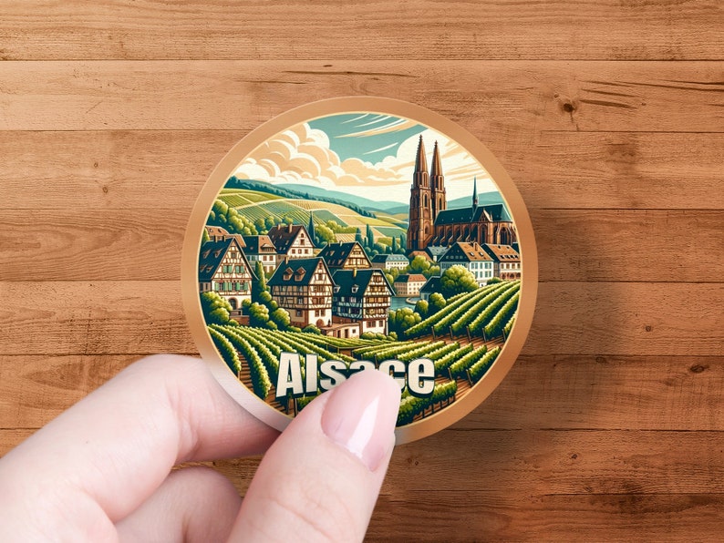 Vintage Alsace France Travel Sticker, Round Scenic Vineyard Cathedral ...