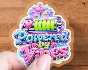 Powered by Vibes Y2K Sticker | Holographic Chrome Battery Heart Decal for Phone Laptop Hydro Flask | Cute Aesthetic