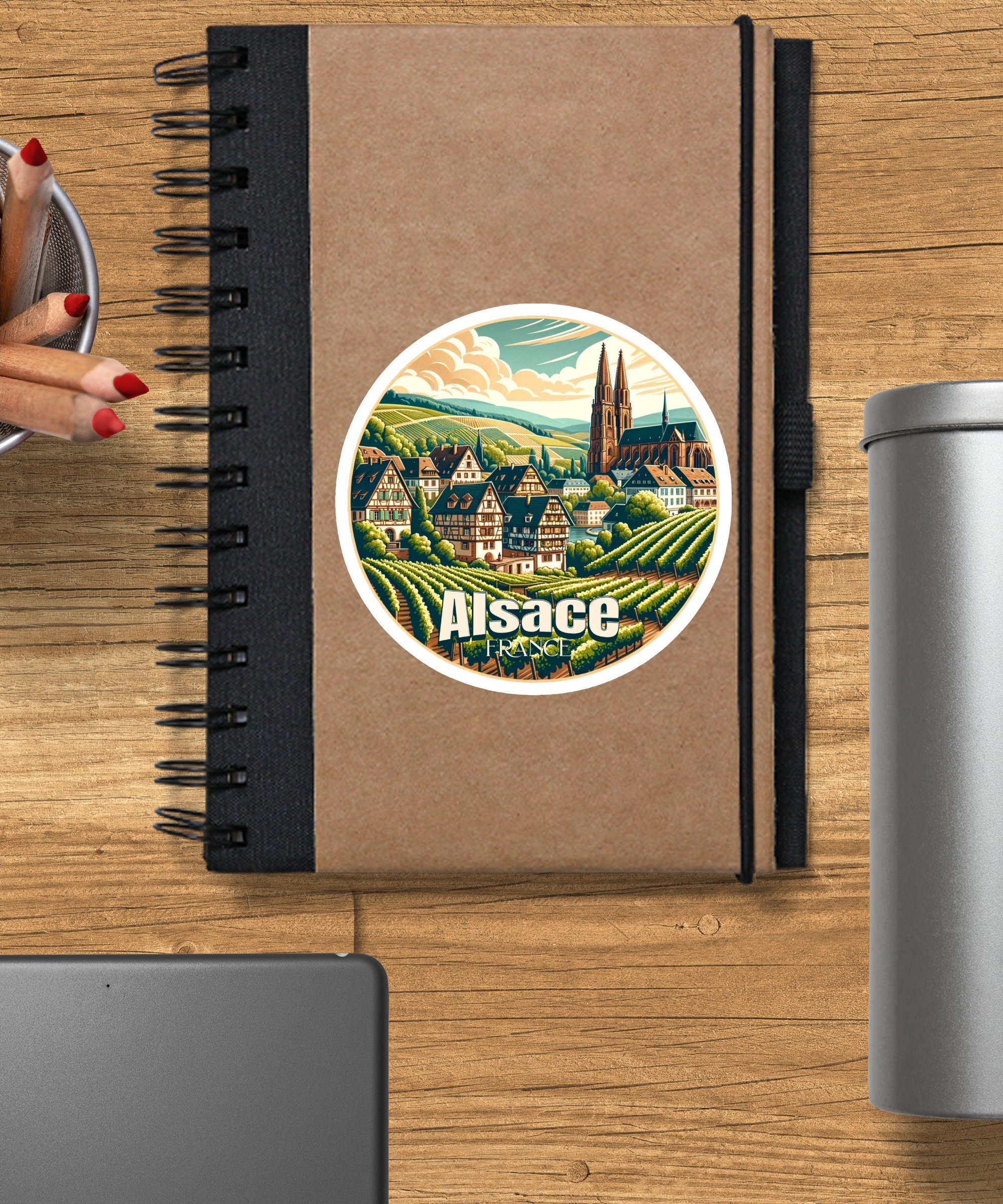 Vintage Alsace France Travel Sticker, Round Scenic Vineyard Cathedral ...