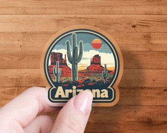 Arizona Desert Landscape Sticker, Sunset Cactus Scenery, Southwest Travel Decal, Vintage Style Waterproof Sticker, Outdoor Lovers Gift