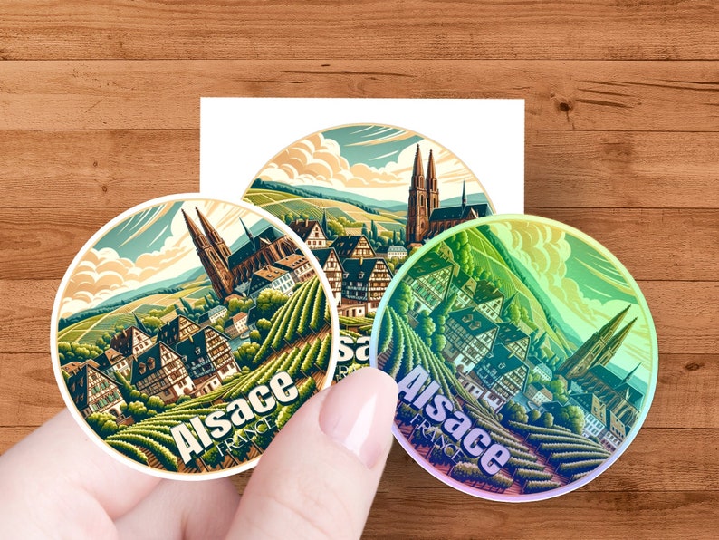 Vintage Alsace France Travel Sticker, Round Scenic Vineyard Cathedral ...
