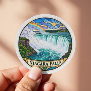 Niagara Falls Stained Glass Sticker, Horseshoe Waterfall and Rainbow Mist Decal, New York and Ontario Water Bottle Sticker, Honeymoon Gift
