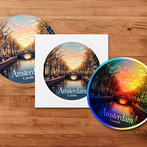 Amsterdam Canals Sticker, Scenic Cityscape Vinyl Decal, Travel Souvenir, European City Art, Laptop or Water Bottle Decor