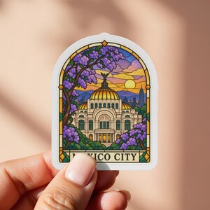 Mexico City Stained Glass Sticker, Palacio de Bellas Artes and Jacaranda Tree Decal, CDMX Golden Dome Laptop Sticker, Mexico Travel Gift
