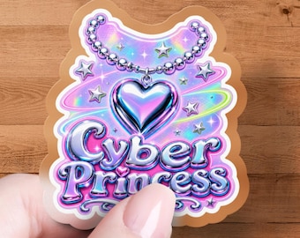 Cyber Princess Sticker | Y2K Holographic Chrome Heart Pendant Decal for Laptop Water Bottle | Aesthetic Y2K Sticker