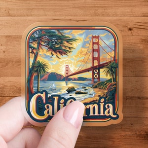 Vintage California Travel Sticker, Retro Golden Gate Art, Coastal Scene Decal, Laptop and Water Bottle Decoration, Unique Gift Idea