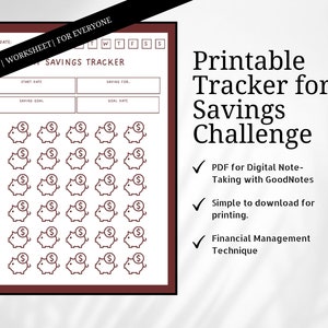 May include: A printable savings tracker worksheet with a brown border. The worksheet has a section for a start date, saving goal, saving for, and goal date. There are 36 piggy bank icons with dollar signs inside. The text "PDF | WORKSHEET | FOR EVERYONE" is at the top of the worksheet. The text "SAVINGS TRACKER" is in a larger font size. The text "Printable Tracker for Savings Challenge" is on the right side of the image. Below the text are three check marks with the following text: "PDF for Digital Note-Taking with GoodNotes", "Simple to download for printing", and "Financial Management Technique".