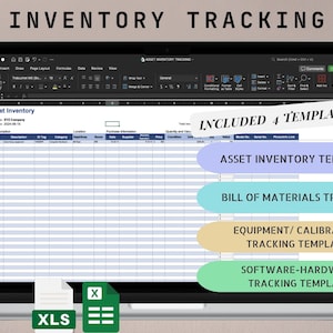 Könnte beinhalten: Ein Laptop-Bildschirm zeigt eine Tabellenkalkulation mit dem Titel "Vermögensverwaltung". Die Tabellenkalkulation ist in Spalten mit Überschriften wie "Artikelname", "Beschreibung", "ID-Tag", "Kategorie", "Standort", "Kaufdaten", "Menge und Einheiten", "Zustand" und "Wert" unterteilt. Der Bildschirm zeigt auch ein Textfeld mit dem Titel "ENTHALTEN 4 VORLAGEN:" und eine Liste von vier Vorlagen: "Vermögensverwaltungsvorlage", "Materialstücklistenverfolgung", "Geräte-/Kalibrierungs-Tracking-Vorlage" und "Software-Hardware-Tracking-Vorlage".