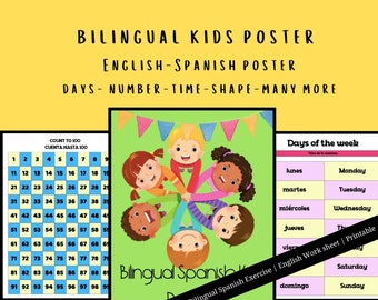 Póster infantil bilingüe inglés-español, Alfabetos, Números, Sistema solar, Para niños