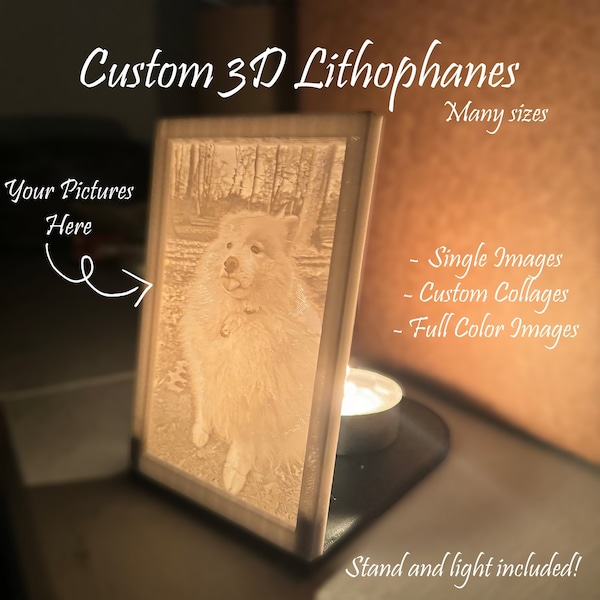 Personalized 3D Lithophanes- Stand and light Included | Color, collages, black/white