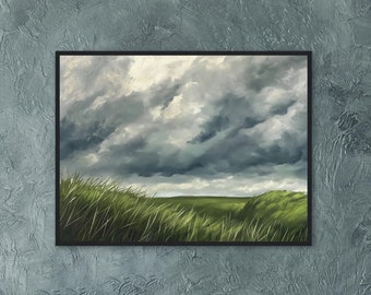 Dark Stormy Sky Art Print, humeurige landschapsprint, humeurige wolken muurkunst, grote canvas kunst aan de muur, grasland heuvels en wolken muur decor