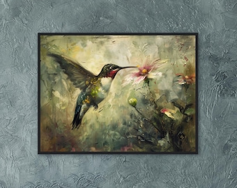 Peinture à l&#39;huile de colibri maussade (impression encadrée ou toile sans cadre), art mural colibri gorge rubis, cadre doré peint oiseau, cadeau pour amoureux des oiseaux