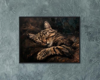 Moody Cat Oil Painting With Gold Frame, Baroque Sleepy Cat Art Print, Large Canvas Wall Art, Cat Vintage Artwork Ornate Gold Frame Decor