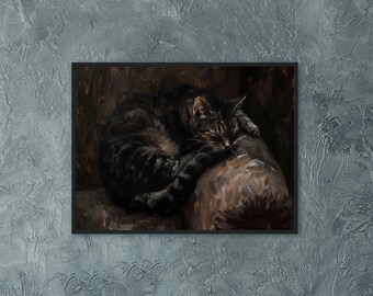 Moody Cat Oil Painting With Gold Frame, Baroque Sleepy Cat Art Print, Large Canvas Wall Art, Cat Vintage Artwork Ornate Gold Frame Decor
