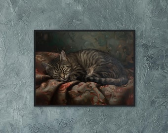 Moody Cat Oil Painting With Gold Frame, Baroque Sleepy Cat Art Print, Large Canvas Wall Art, Cat Vintage Artwork Ornate Gold Frame Decor