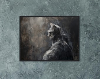 Moody Cat Oil Painting With Gold Frame, Baroque Sleepy Cat Art Print, Large Canvas Wall Art, Cat Vintage Artwork Ornate Gold Frame Decor